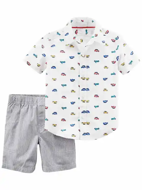 Carters Infant Boys Car & Motorcycle Baby Outfit Shirt & Striped Shorts Set