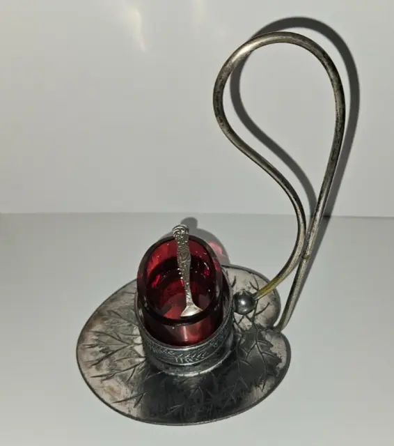 Victorian Cranberry Glass Salt Cellar Meriden B Stand Sterling Silver Spoon 2