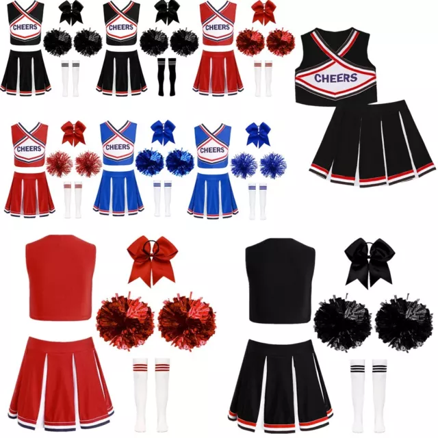 Kids Girls Vest And Pleated Skirt Sport Cheerleader Dress Up Halloween V Neck