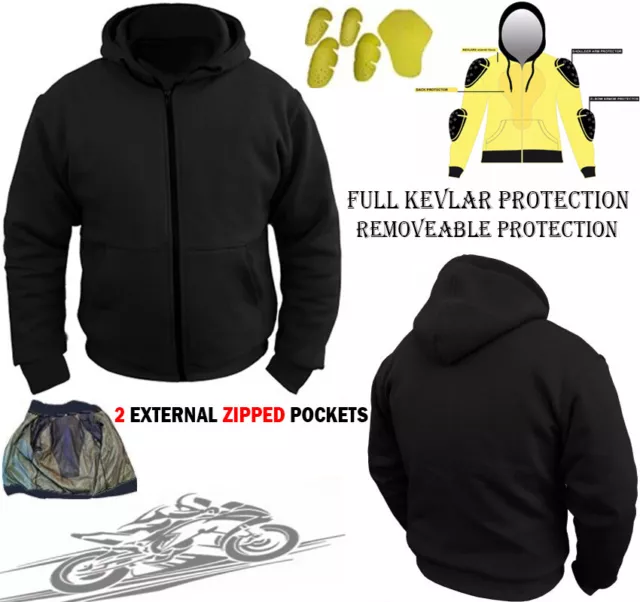 Mens Black Fleece Hoodie With Kevlar Removable Armor Motorbike Motorcycle Jacket