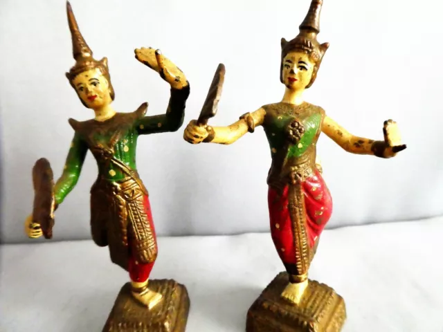 Vintage Hand Painted Solid Brass Burmese Siam Women Temple Dancer Figurines