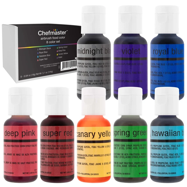 Juego de colorantes alimentarios aerógrafo Chefmaster - 8 colores primarios en 0,7 fl. oz. Botellas