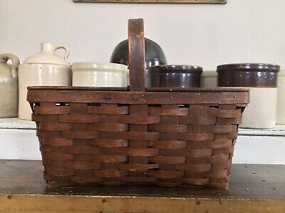 Vintage Woven Wicker Wood Splint Picnic Basket W/Lid Swivel Handles Farmhouse