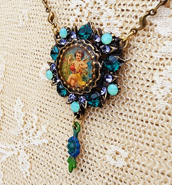 Michal Negrin Pendant Necklace Victorian Cherub Cameo Blue Handmade Floral