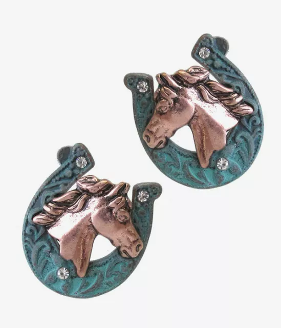 Horse & Western Jewellery Jewelry Womens Horse In Horseshoe Earrings Copper Blue