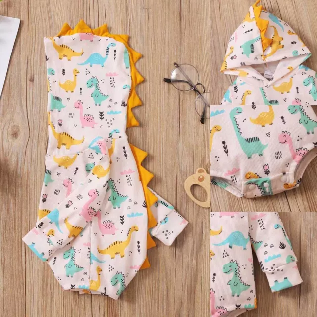 Neonato Baby Girls Dinosauro manica lunga cappuccio Romper Jumpsuit Outsuits Vestiti