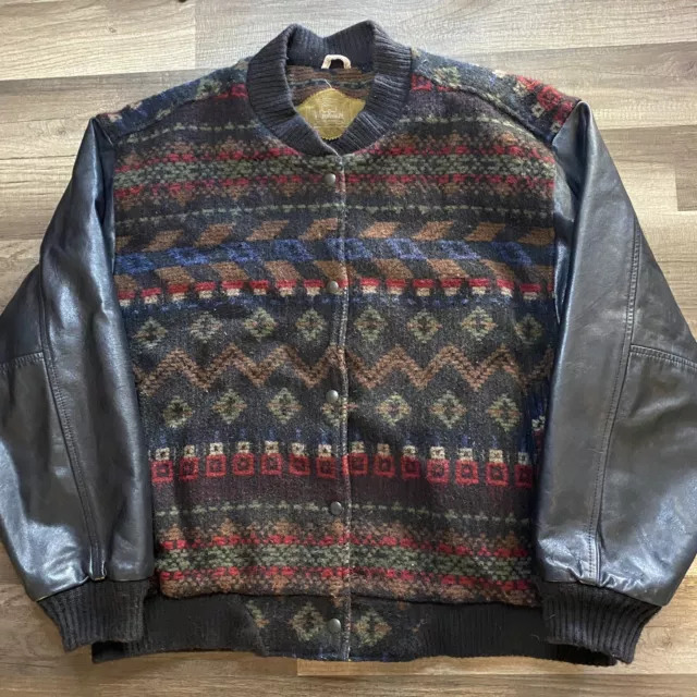 VTG WOOLRICH USA Size L Mens Wool Leather Southwest Varsity Bomber Jacket Aztec