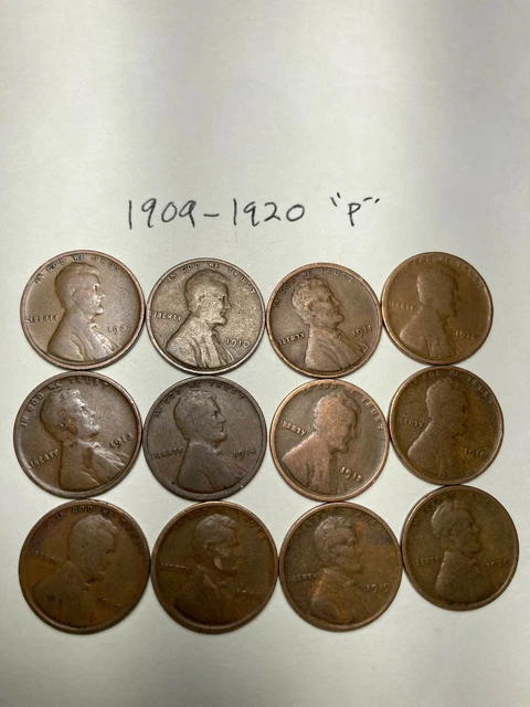 1909-P--1920-P Lincoln Wheat Cent Penny Lot, 12 Coins