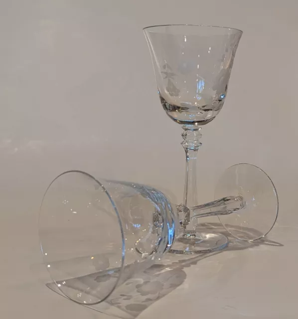 Two Beautiful Floral Etched Crystal Wine Glasses, Stemware 7.25"T, Vintage