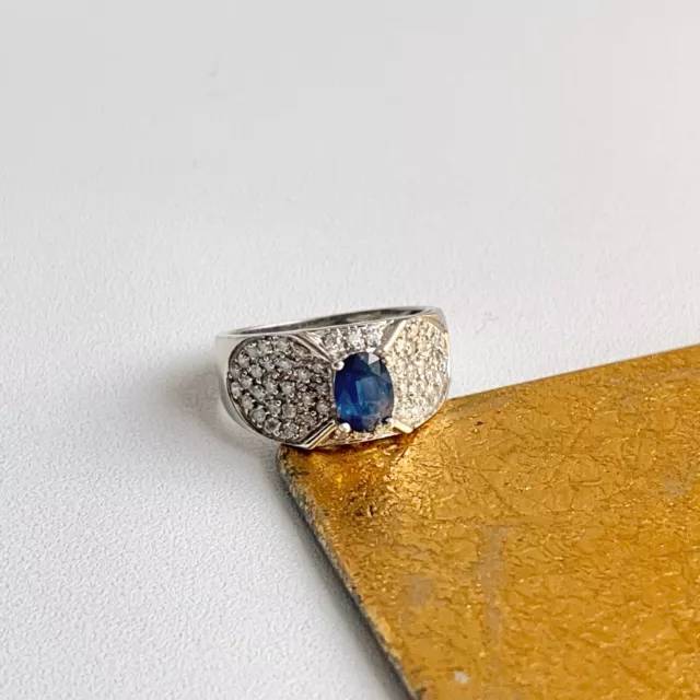 14KT White Gold Oval Blue Sapphire Cathedral Pave Diamond Cigar Band Ring 7