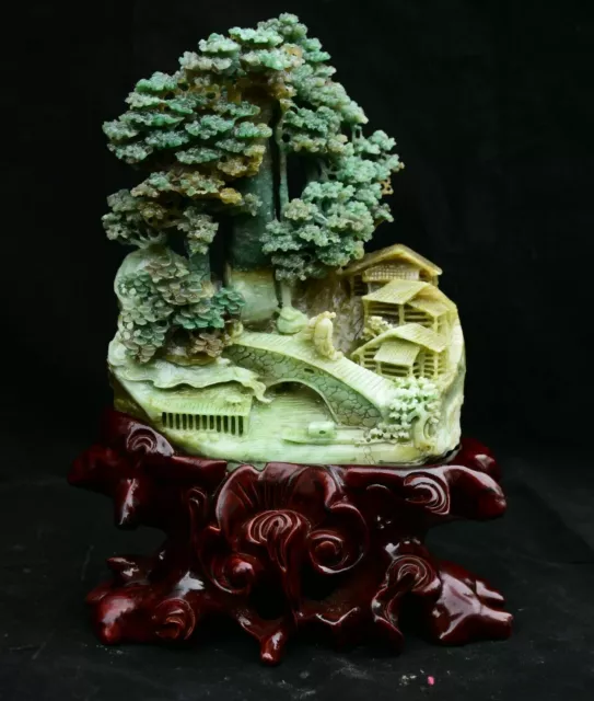 11.6" Chinese Natural Green Dushan Jade Carving Mountain Tree Statue Sculpture