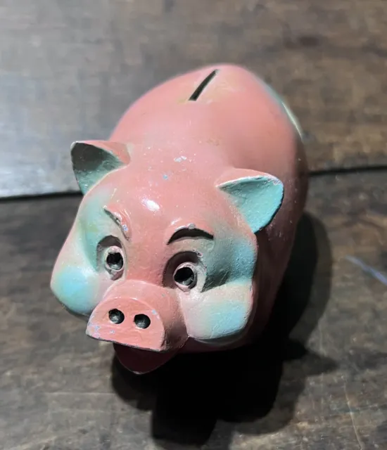 Vintage Cast Metal Pig Piggy Bank Pink And Blue