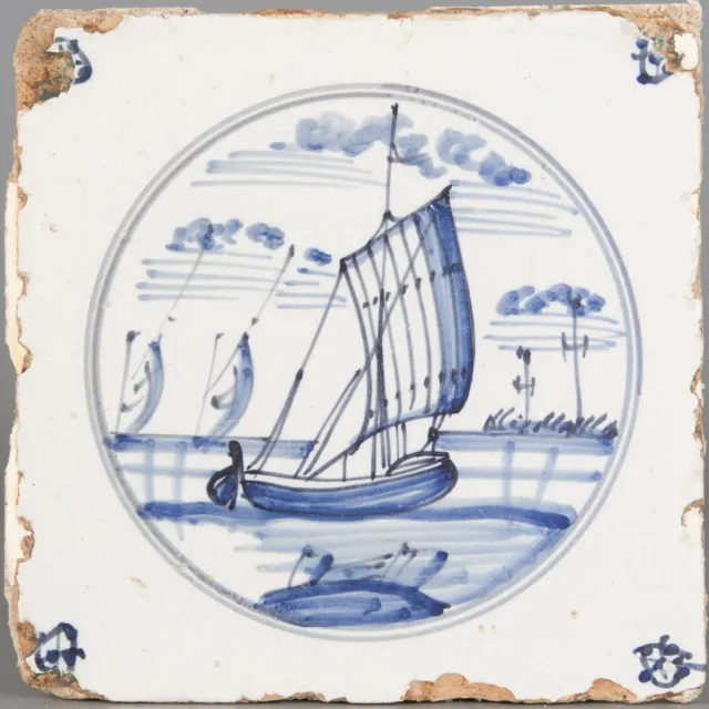 Nice Dutch Delft Blue tile, sailboats, circa 1800.