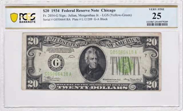 1934 Light Green Seal $20 Federal Reserve Note PCGS Banknote 25 Very Fine LGS 2