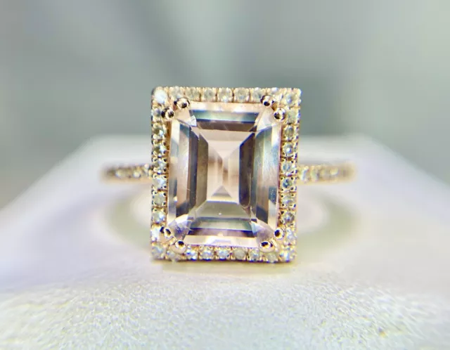 Vintage 14k Rose Gold Natural Emerald Cut Morganite Round Diamond Halo Ring