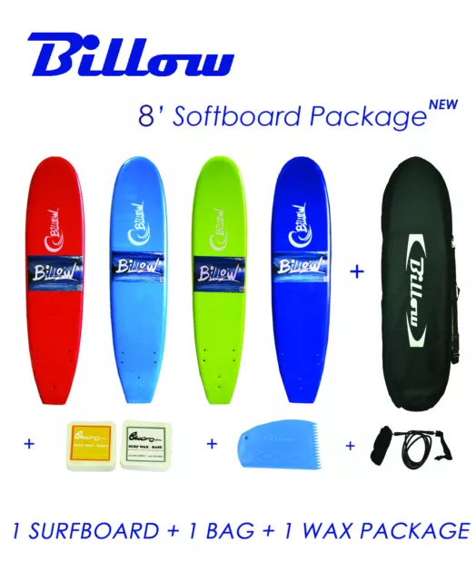 Billow 8' Soft Surfboard Package Deal, Soft Board + Bag + Wax + Fins