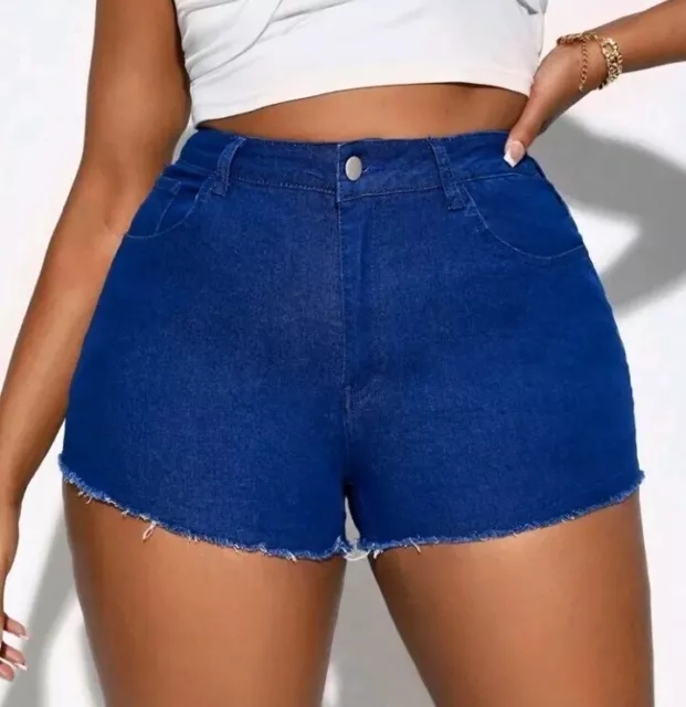 Womens Size 16-18 UK Medium Wash Denim Shorts Raw Hem Cut Offs New Distressed XL