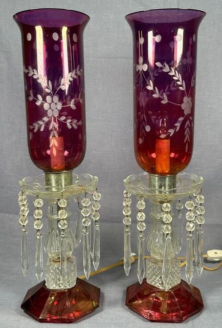 Pair Victorian Crystal Antique Luster Boudoir Lamps Cut Cranberry Beautiful!