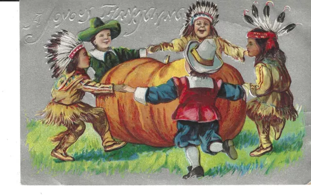 Thanksgiving Postcard A Joyous Thanksgiving, Indian And Pilgrim Kids, Pumpkin
