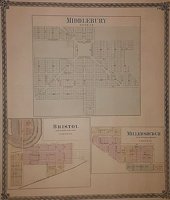 1874 PLAT MAP MIDDLEBURY BRISTOL MILLERSBURGH Twps., ELKHART Co