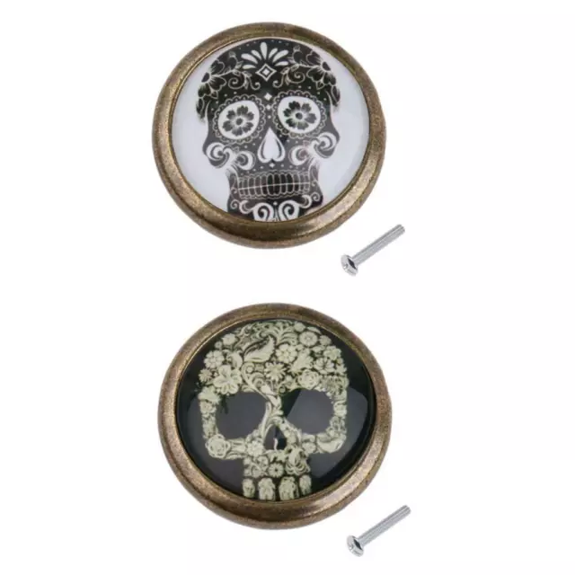 2pcs Skull Print Vintage Metal Round Door Handle Pulls Knob Furniture Decor 2