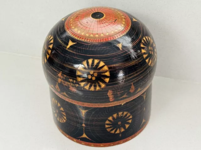 Unusual Antique Wooden Treen Astrological Style Lacquered Storage Pot Container
