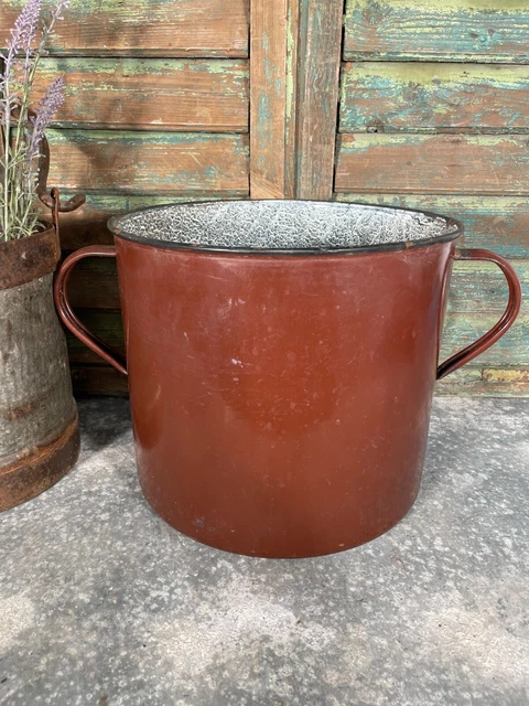 VINTAGE FRANZÖSISCH BRAUN Emaille Kochtopf Wanne Garten Pflanzgefäß EUR