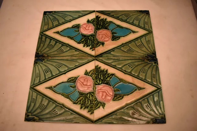 Antique Porcelain Tile Japan Art Nouveau Majolica Floral Rose Ceramic FM Bran"21
