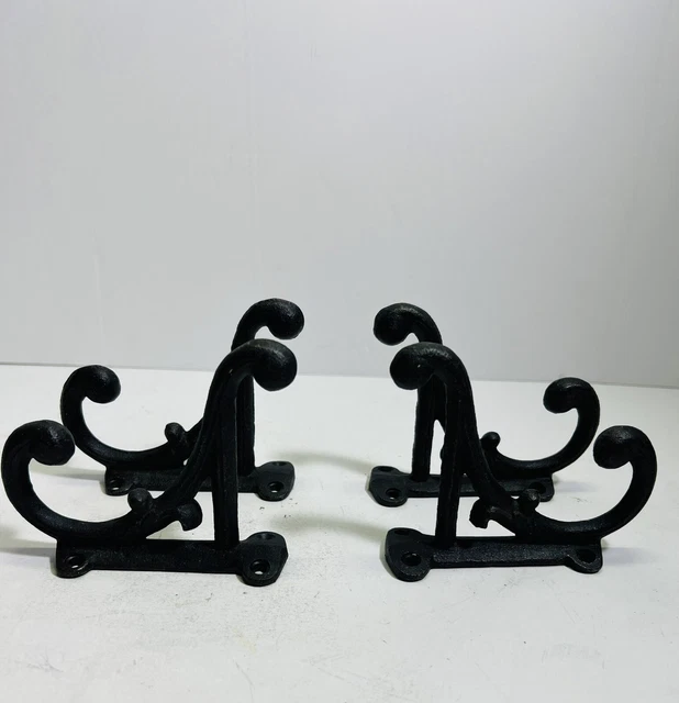 BLACK ETCHED SIDE DOUBLE HOOKS 5" RUSTIC CAST IRON wall coat hat Vintage Lot/4