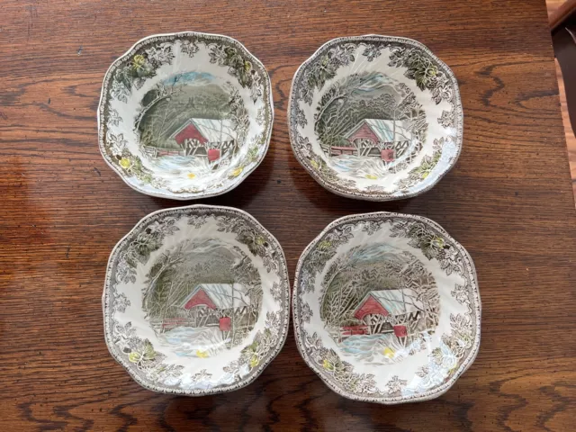 Johnson Bros FRIENDLY VILLAGE Square Soup Cereal Bowls SET OF 4  6 1/8"