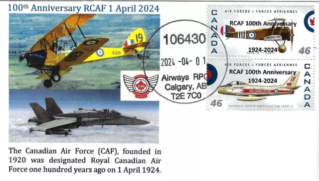 RCAF 100th Anniversary Cover 1 April 2024 Overprint on 1808 pair CAS Promo