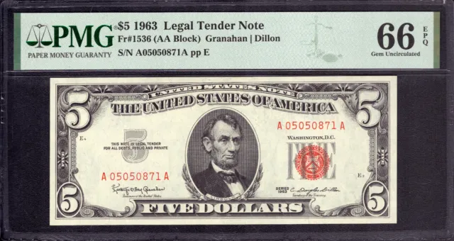 1963 $5 Legal Tender Note Red Seal Fr.1536 Aa Block Pmg Gem Unc 66 Epq (776A)