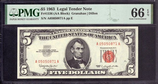 1963 $5 Legal Tender Note Red Seal Fr.1536 Aa Block Pmg Gem Unc 66 Epq (776A)