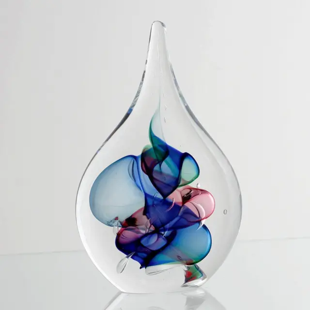 Art Glass Teardrop Paperweight Abstract Red Blue Green Bubbles Signed MP Rubio