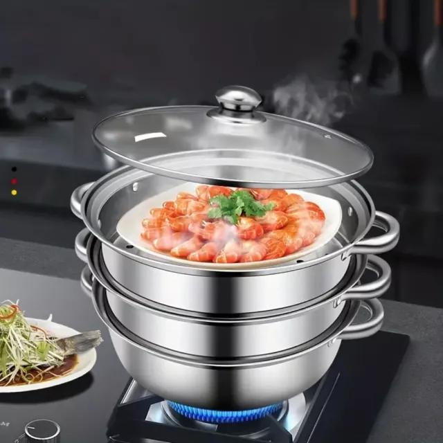 Cooking Steam Pot Stainless Steel Steamer Meat Vegetable Kitchen Tool 3 Tier UK