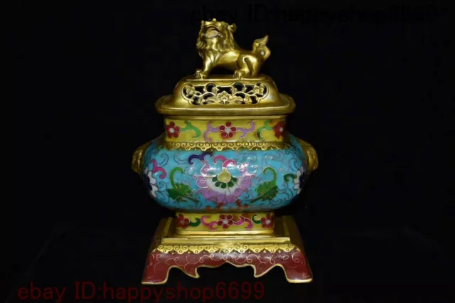 Chinese bronze Cloisonne Gilt temple lion Foo dog statue Incense burner Censer