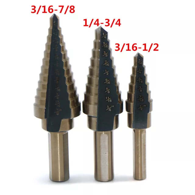 Cobalt Coated Step Drill Bits | 3pc Step Drill Bit Set 27 Reamer Bits 3/16-7/8