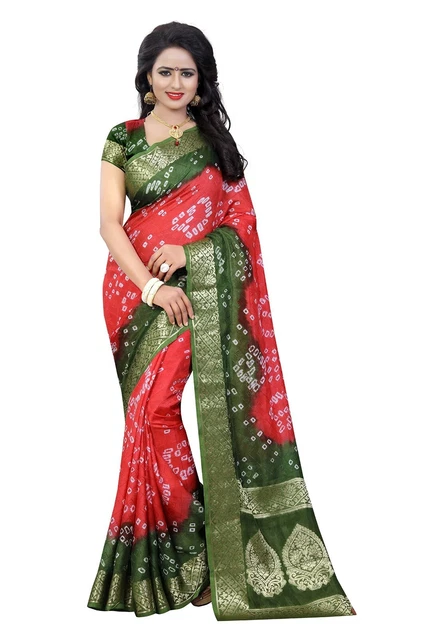 Women's Mehndi Latest Zari Woven Design Bandhani Art Silk Saree & Blouse MT991