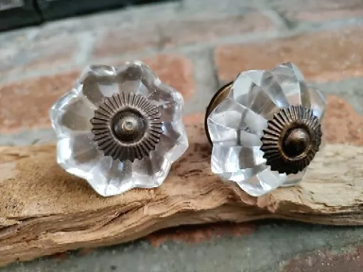 2 Clear Glass Flower Cabinet Knobs Reclaimed Drawer Pulls Decorative Hardware