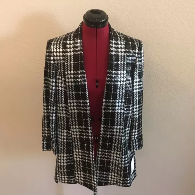 Kasper Blazer Women Size 14 Black & White Metallic Plaid Sequins Open Front NWT 2