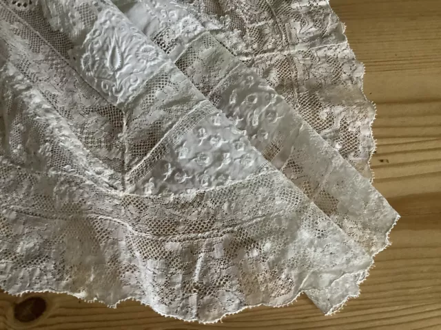 Antique 20s table centre French Normandy  net lace w embroidery hand done 19” 3