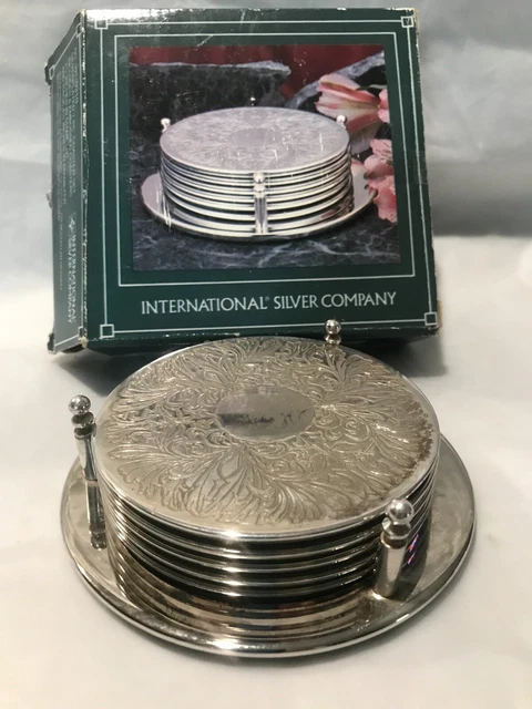 VINTAGE Ornate Set Of 6 SILVER PLATED Coasters in Caddy-International Silver Co 