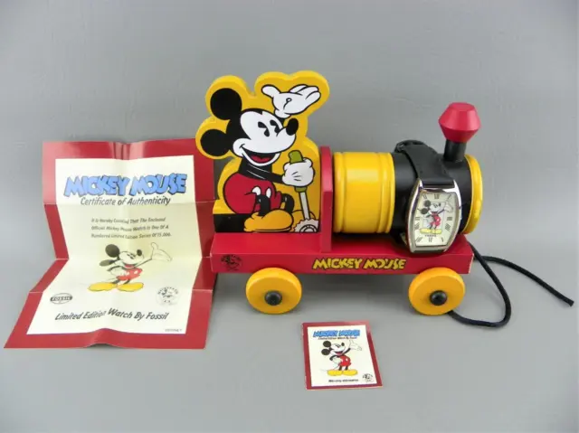 Vintage Disney Mickey Mouse Limited Edt. Fossil Watch w/ Wood Train Display NEW!