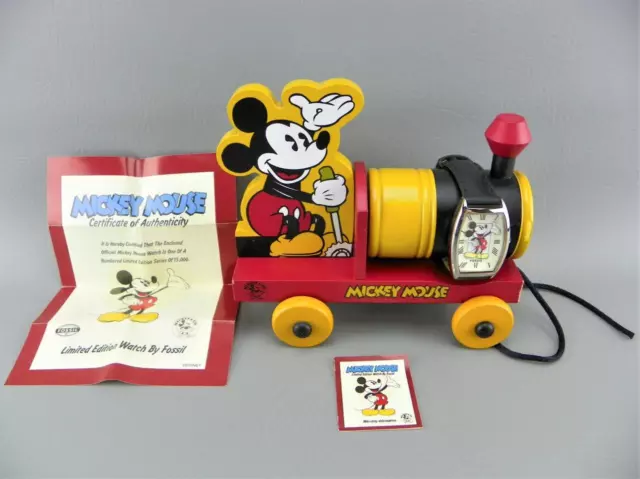 Vintage Disney Mickey Mouse Limited Edt. Fossil Watch w/ Wood Train Display NEW!