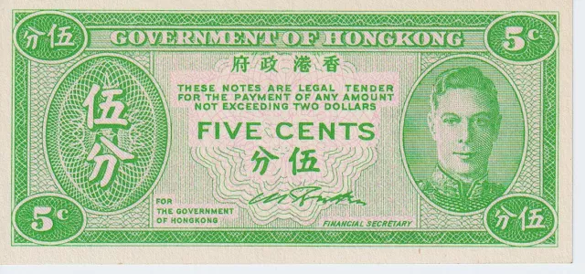 1945 Hong Kong 5 Five Cents Banknote - P# 322 - UNC - # 28202