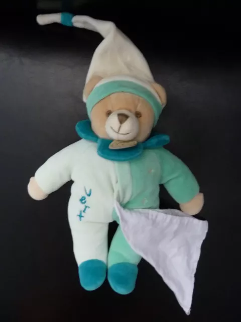 766. Doudou Et Compagnie Ours Beige Vert Bleu Mouchoir Blanc Ttbe