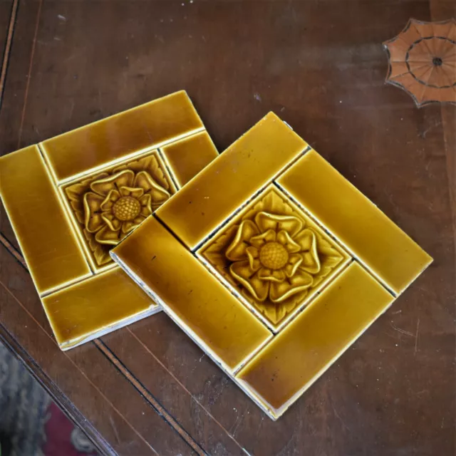 Antique 1900s Brown Majolica Art Nouveau Tiles Relief Moulded Tudor Rose Pair