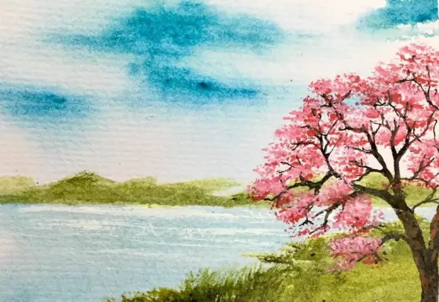 ACEO Original Painting Sakura Flowers Art Card Pink Acrylic Color Small