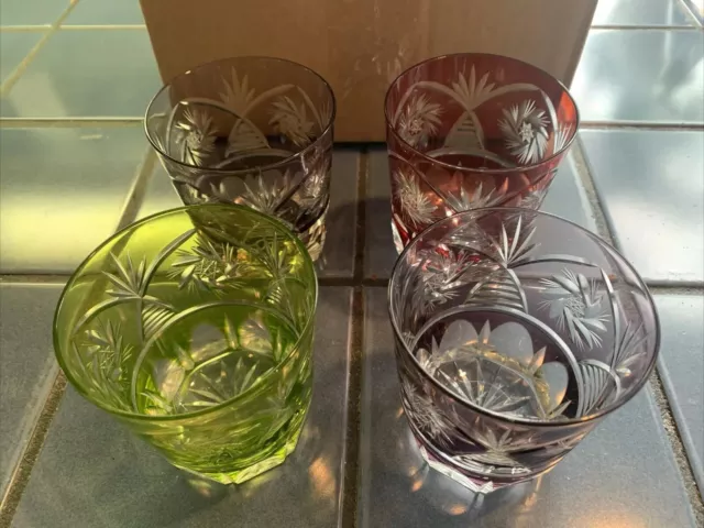 Set 4 Vintage Bohemian Czech Cut To Clear Crystal Tumblers Glasses Pinwheel