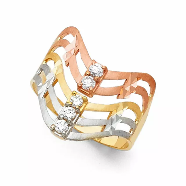 14k Real Solid Tricolor Gold 15 mm CZ Seven Day Semanario Ring Anillo Oro Solido